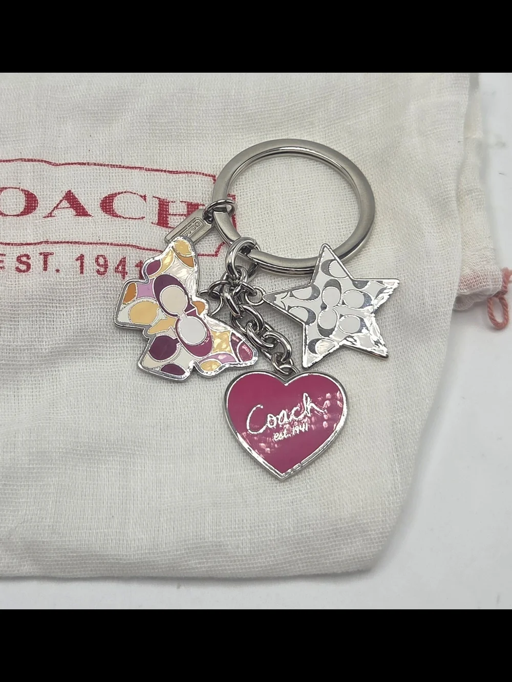COACH Pink Heart, Butterfly & Star Logo Charm Keychain